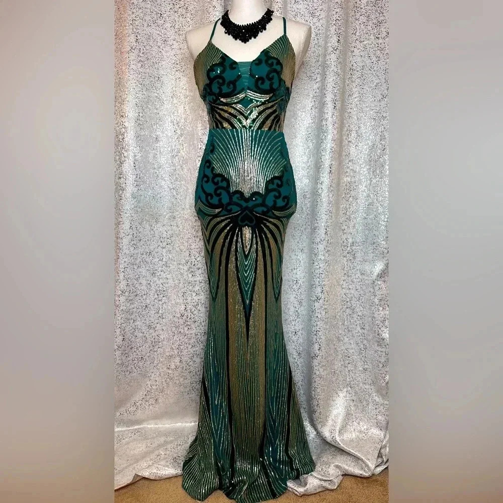 NWT Hunter green and gold maxi dress